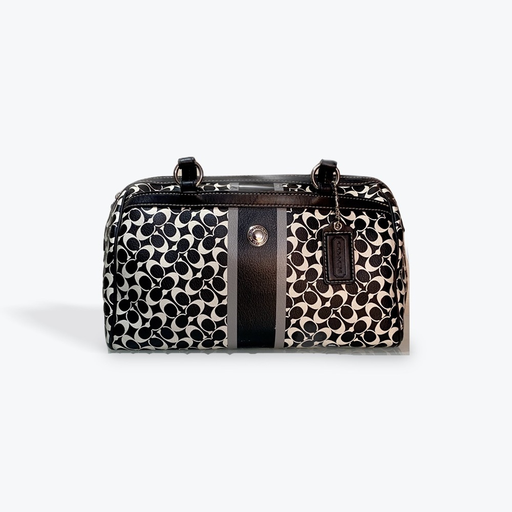 COACH Black & White Chelsea HERITAGE Stripe Leather Satchel Purse